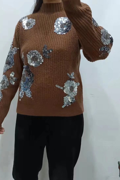 Turtleneck Loose-fitting Sequined Floral Pattern Long Sleeve Knitted Sweater