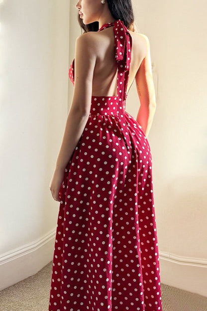 Polka Dot V-Neck Wide Strap Fit and Flare Midi Dress