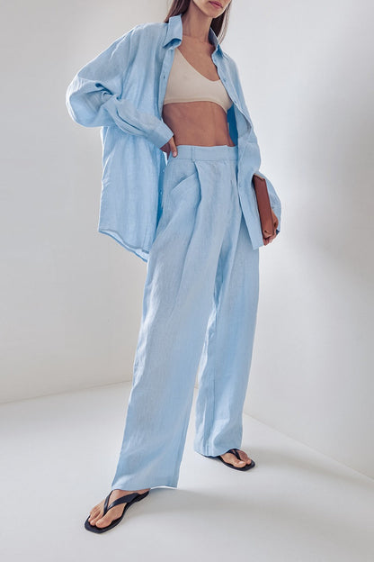 Relaxed Linen Blend Blouse Wide Leg Two Piece Pants Set