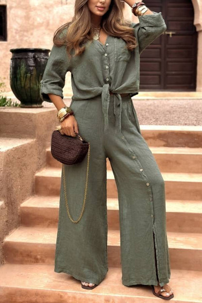 Tie Front Linen Shirt & Side Slit Wide Leg Pants Two-piece Set