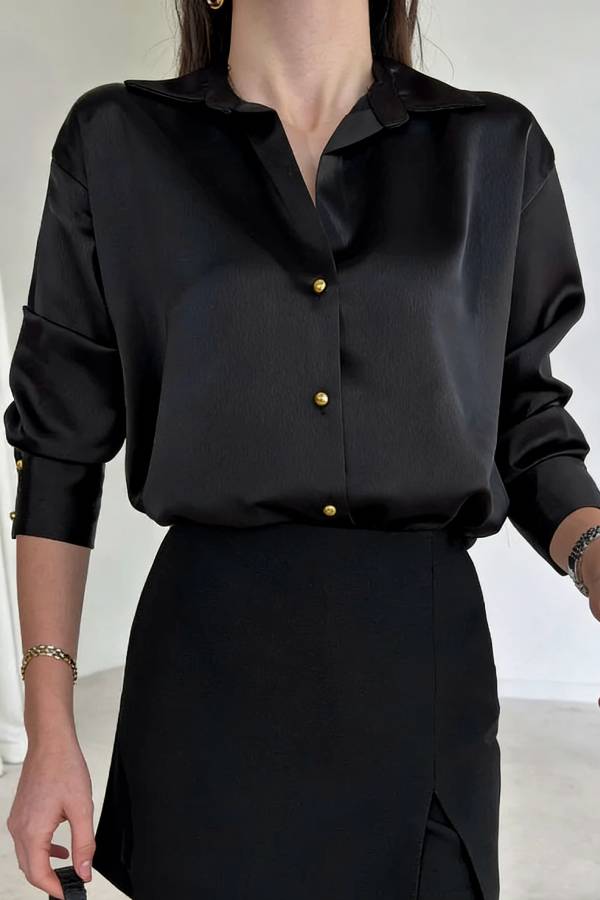Solid Color Silk Satin Texture Single-breasted Long-sleeved Loose Shirt