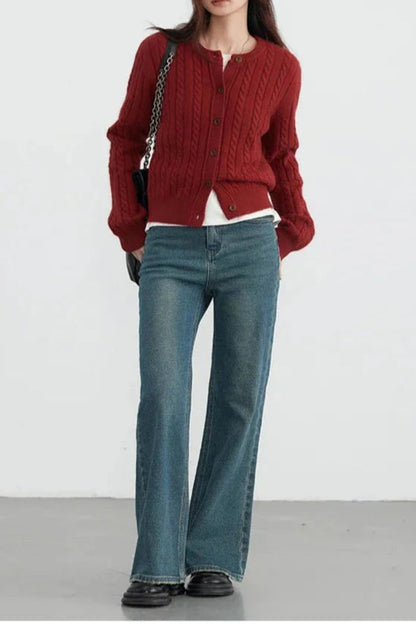 Red Twist Knit O-Neck Cardigan