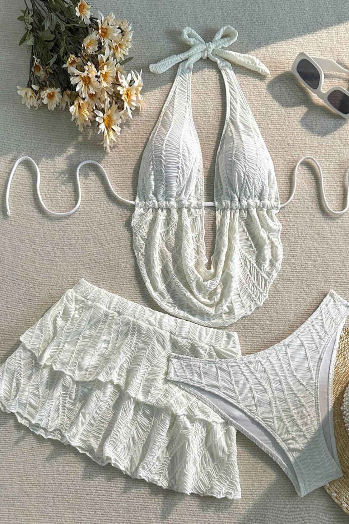 Solid Halter Ruffle Three Piece Swim Set