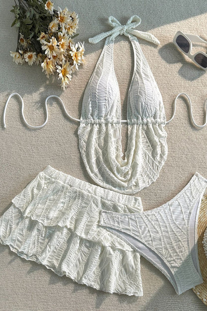 Solid Halter Ruffle Three Piece Swim Set