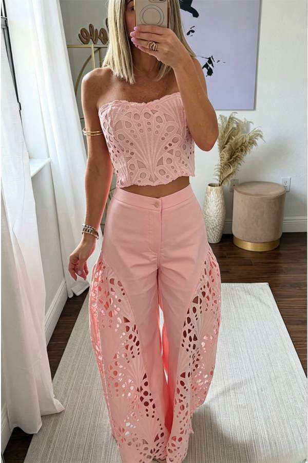 Sienna Embroidered Cut-Out Palazzo Pants Two-Piece Set