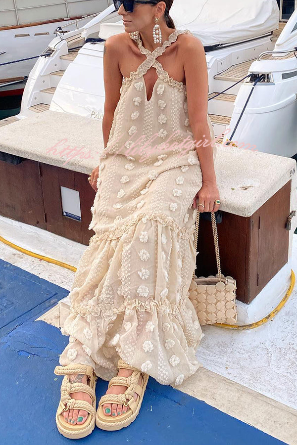 3D Floral Applique Halter Keyhole Tiered Maxi Dress