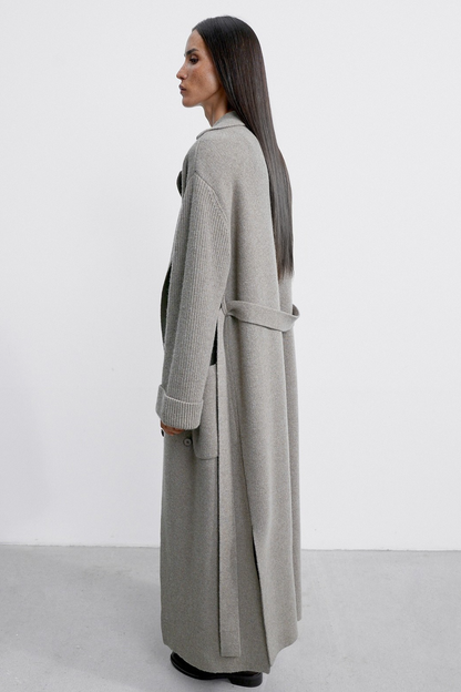 Knitted Blend Notched Lapel Tied Waist Long Overcoat