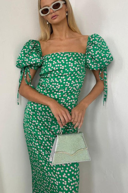 Off Shoulder Puff Sleeve Slim Floral Dress