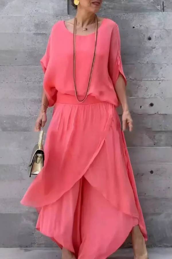 Top slit wide-leg pants chiffon casual suit
