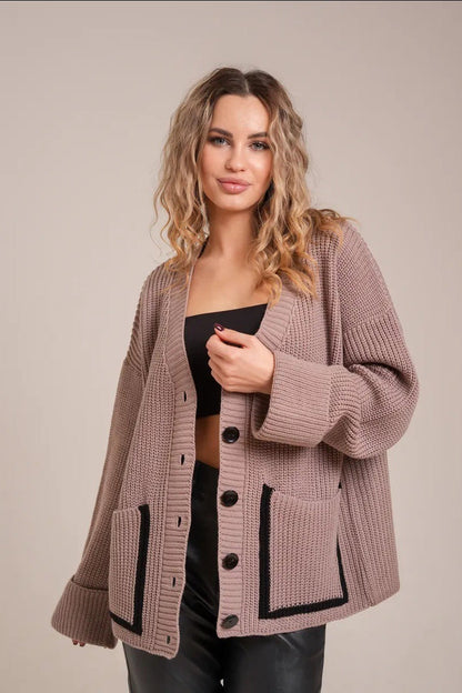 Pocket Color Block V Neck Cardigan