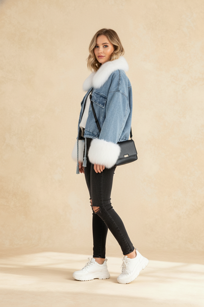 Autumn Winter Warm Faux Fur Short Denim Thicken Ladies Fashion Jackets