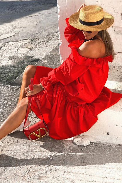 Fionna Off Shoulder Ruffle Irregular Trim Loose Midi Dress