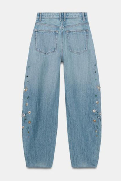 TRF HIGH RISE EMBROIDERED BARREL JEANS