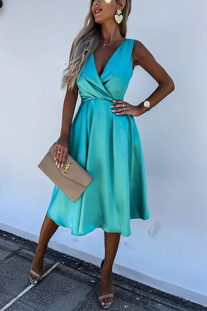 Satin Wrap V-Neck Ruched Waist Fit and Flare Midi Dress