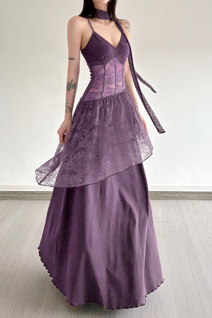 Lace Trim Sheer Waist Tie Cami Maxi Lace Dress