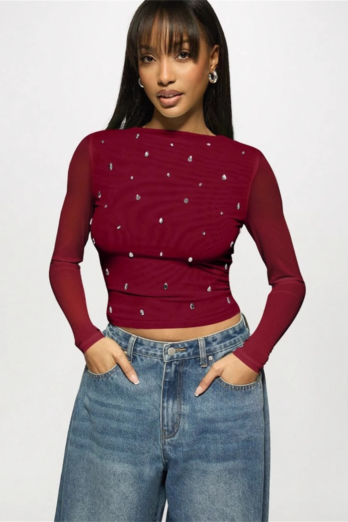 Printed Slim Mesh Sheer Cutout Long Sleeve Crop Top