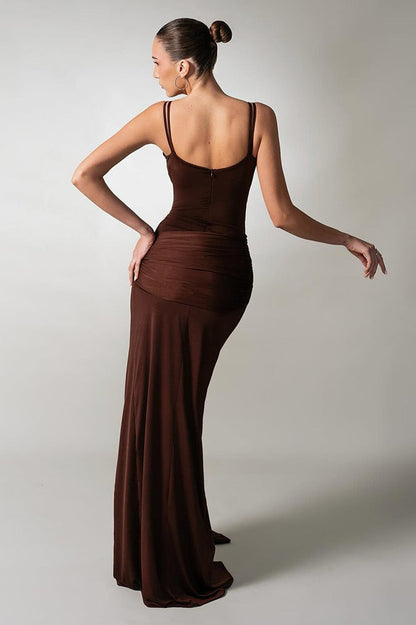 Crossover Strap Sweetheart Keyhole Ruched Drape Thigh Slit Maxi Dress