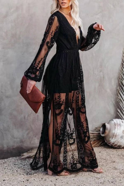 Deep V Lace Embroidered Sheer Maxi Dress