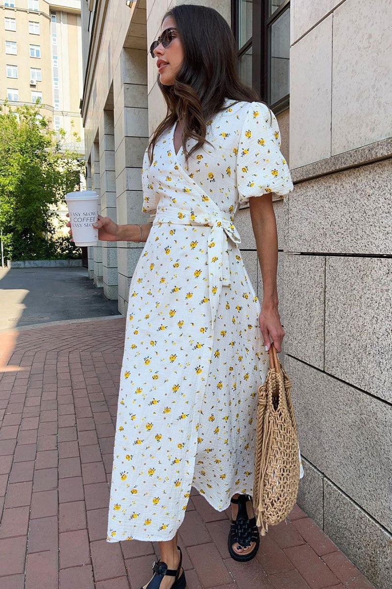 Cotton Printed V Neck Puff Sleeve Floral Dress