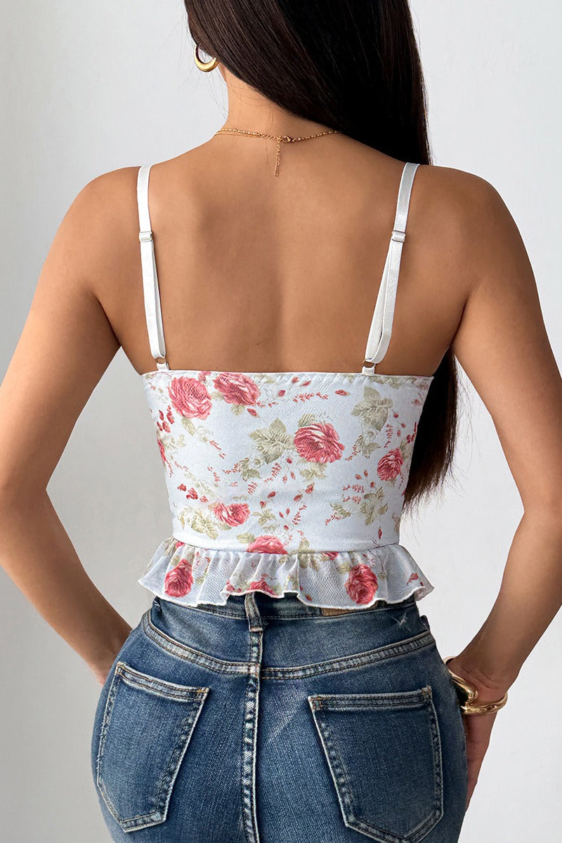 Floral Print Cross Tie Sleeveless Crop Top