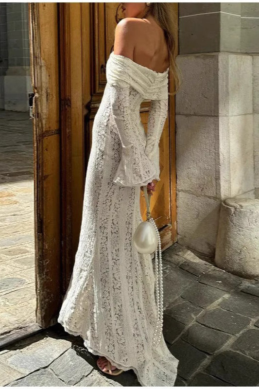 Off Shoulder Ruched Lace Flare Sleeve Bodycon Dress