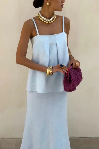 Linen Blend Loose Square Neck Camisole Top and Elegant Resort Maxi Skirt Set