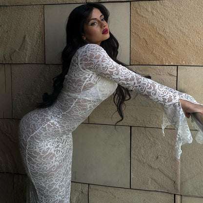 V Neck Lace Flare Sleeve Dress
