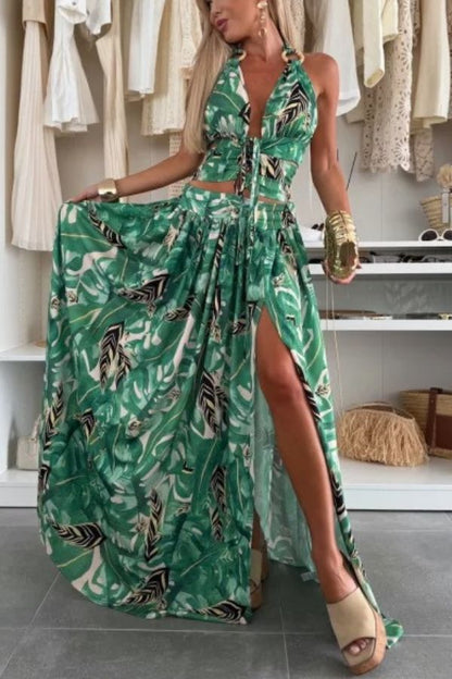 Amazon Scenery Unique Print Tie-up Cutout Waist Ring Halter Slit Maxi Dress