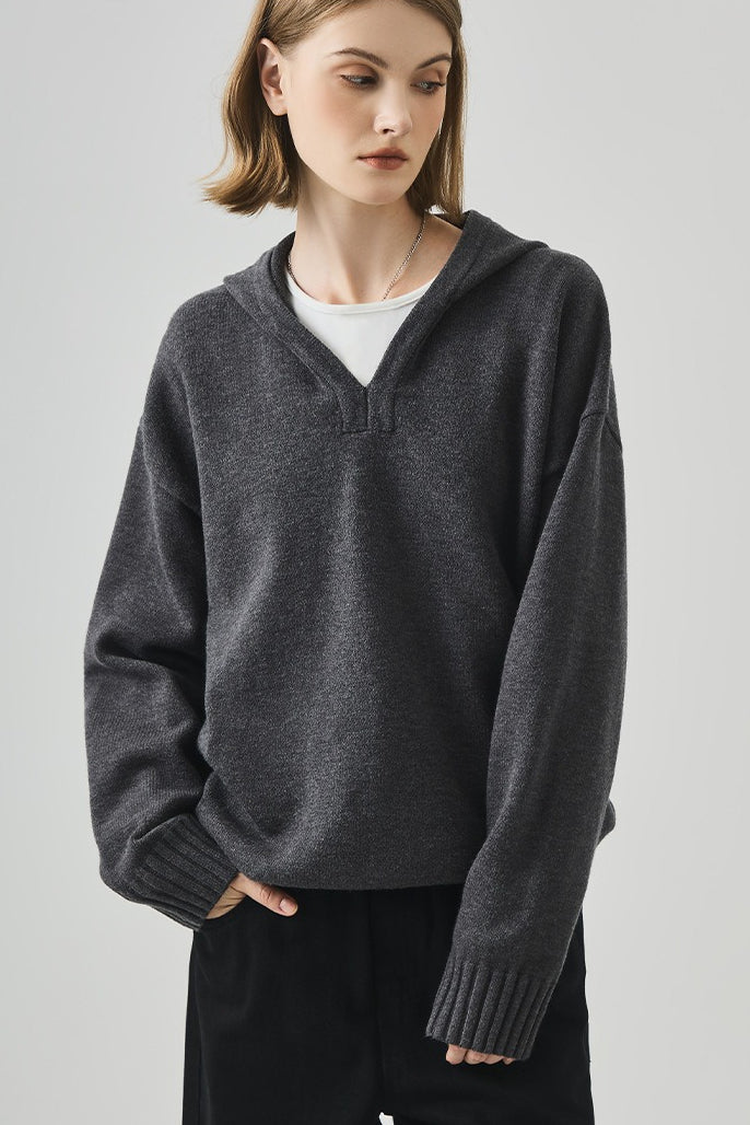 Slouchy V-Neck Hooded Sweater