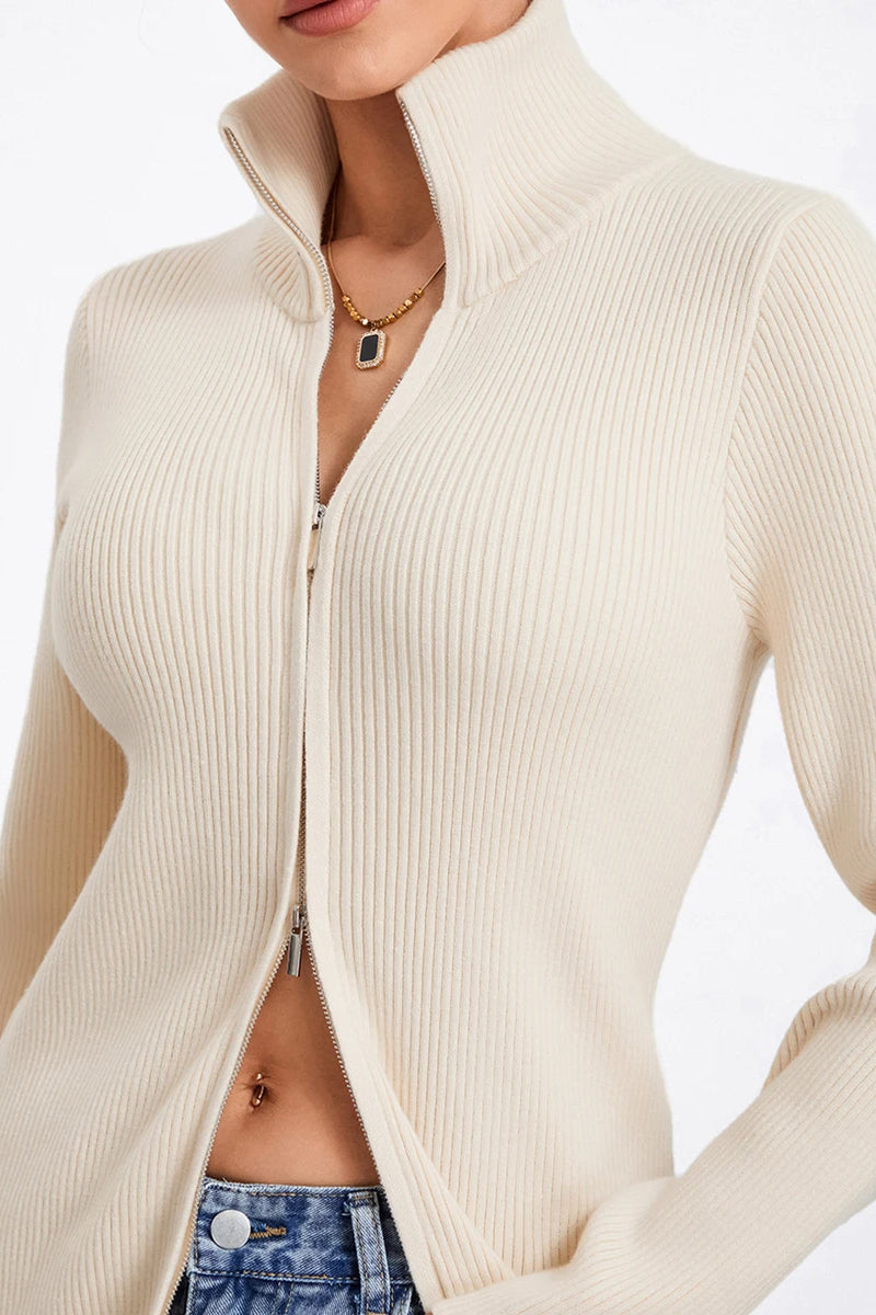 Ribbed Knit Zip-Up Stand Collar Cardigan