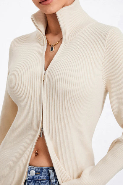Ribbed Knit Zip-Up Stand Collar Cardigan