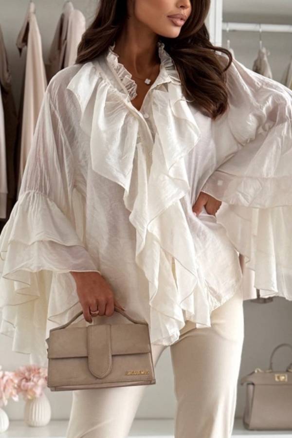 French Ruffle Collar Layered Bell‑Sleeve Sheer Blouse