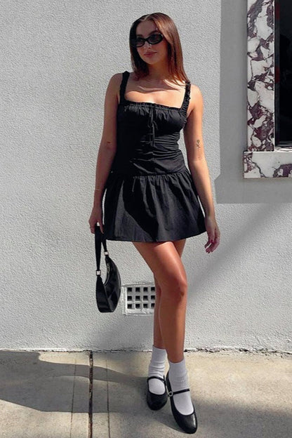 Square Neck Ruffle Strap Button Front Drop Waist Fit and Flare Mini Dress