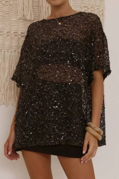 Sequin Mesh Sheer Oversized Tunic Top Round Neck Loose Mid Sleeve Party Cover Up