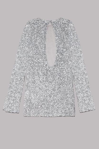 Sequin Open Back Oval Cutout Long Sleeve Mini Dress