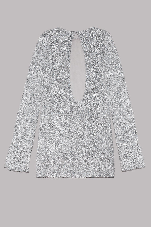 Sequin Long Sleeve Slit Cuff Crew Neck Mini Dress
