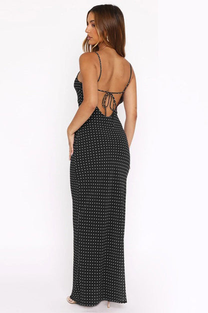Polka Dot Square Neck Spaghetti Strap Knit Bodycon Maxi Dress