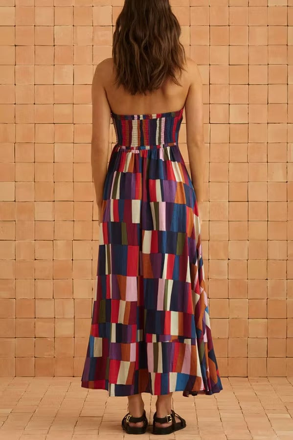 Retro Chic Linen Blend Colorful Color Block Strapless Back Smocked Midi Dress