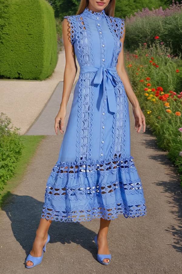 Cutwork Embroidered Tie-Waist Sleeveless Shirtdress