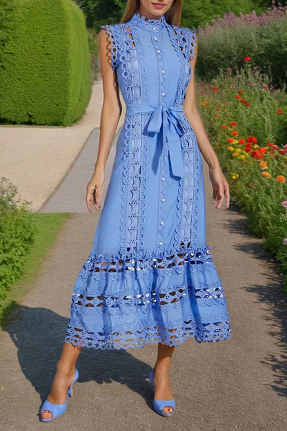 Cutwork Embroidered Tie-Waist Sleeveless Shirtdress