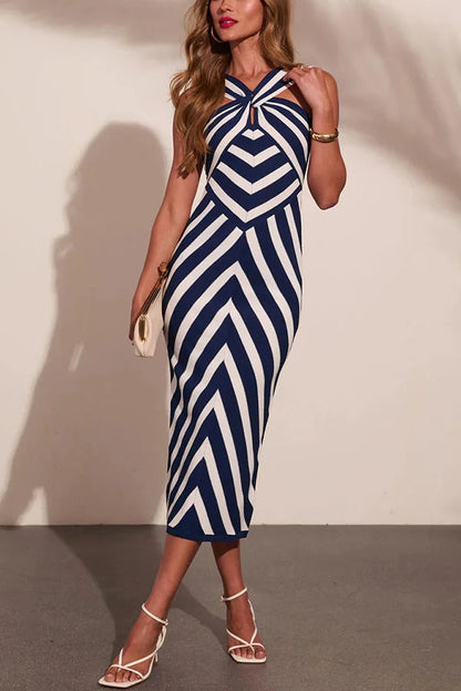 Coastal Americana Knit Striped Cross Halter Neck Stretch Midi Dress