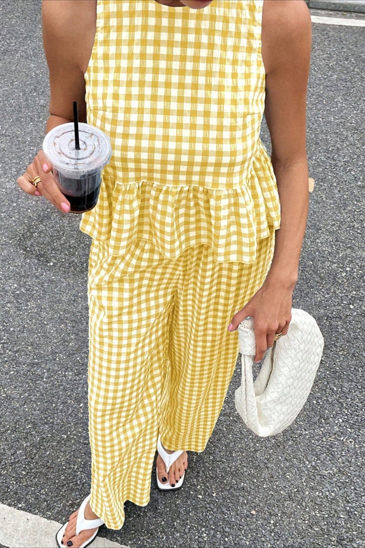 Plaid Ruffle Hem Round Neck Sleeveless Pants Set