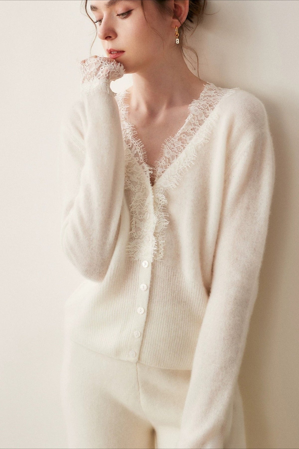 Lace Trim V Neck Cashmere Cardigan