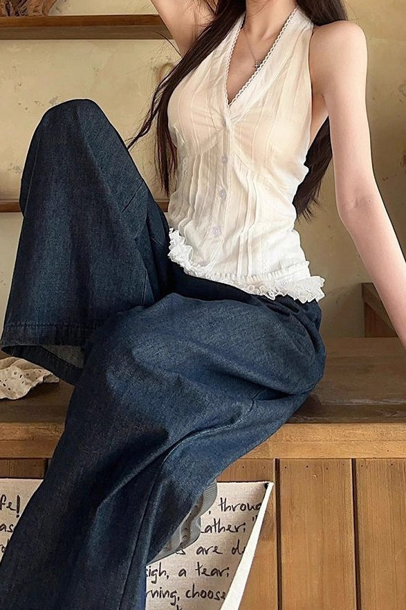 White Lace Trim V Neck Halter Waist Tie Halter Top