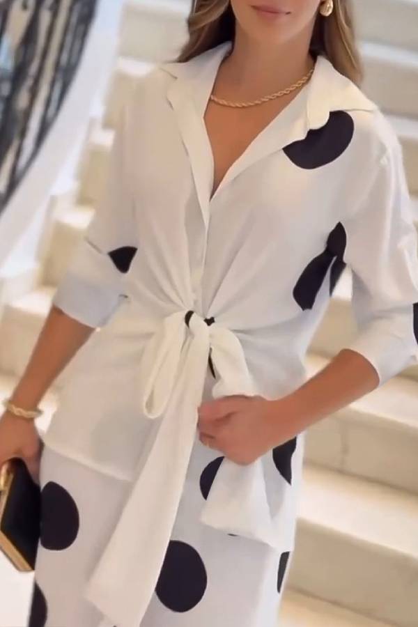 Fashion Lapel Long-sleeved Tie Waist Shirt and Casual Polka Dot Print Wide-leg Pants Set