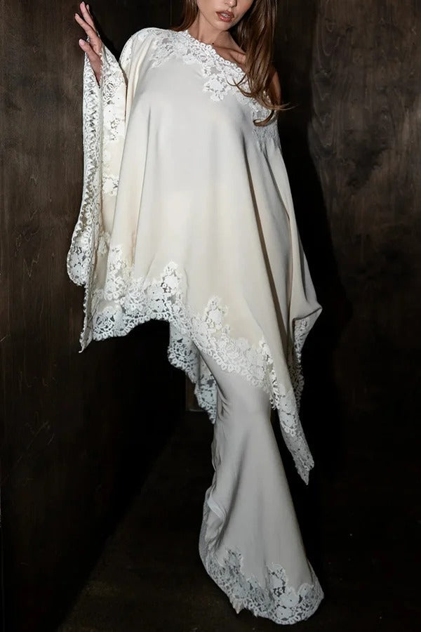 Like A Swan Lace Trim Off Shoulder Cape Top and Elastic Waist Draped Maxi Skirt Set