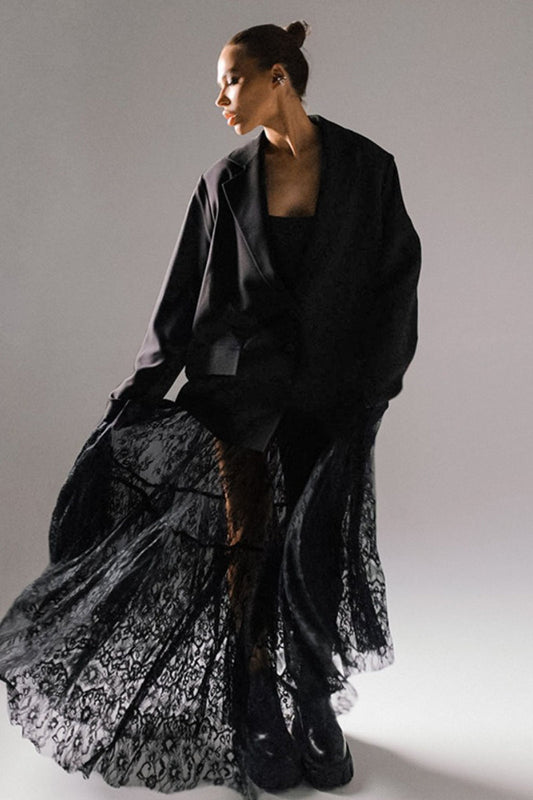 Black Lace Panel Boho Maxi Skirt