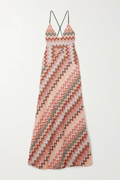 Colorful Zigzag Pattern Elegant Sling Backless Maxi Dress