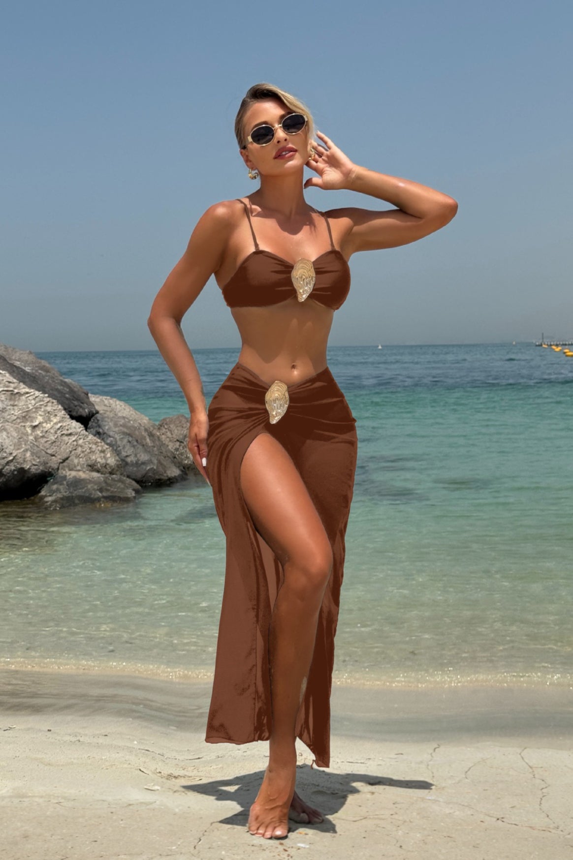 Solid Metal Buckle Strappy Three Piece Swim Set