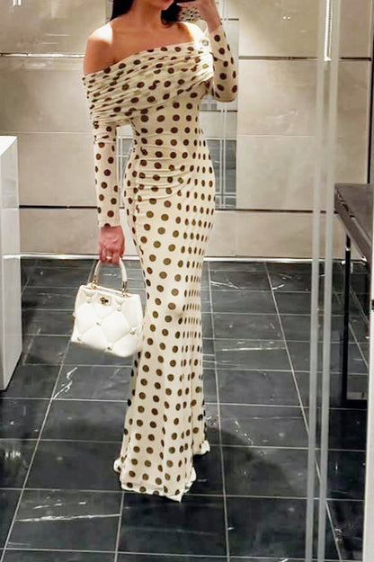 Polka Dot Off Shoulder Long Sleeve Bodycon Maxi Dress